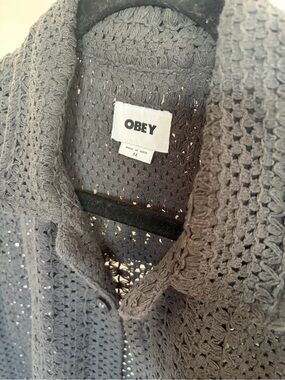 Obey Charcoal Crochet Button-Up Cardigan